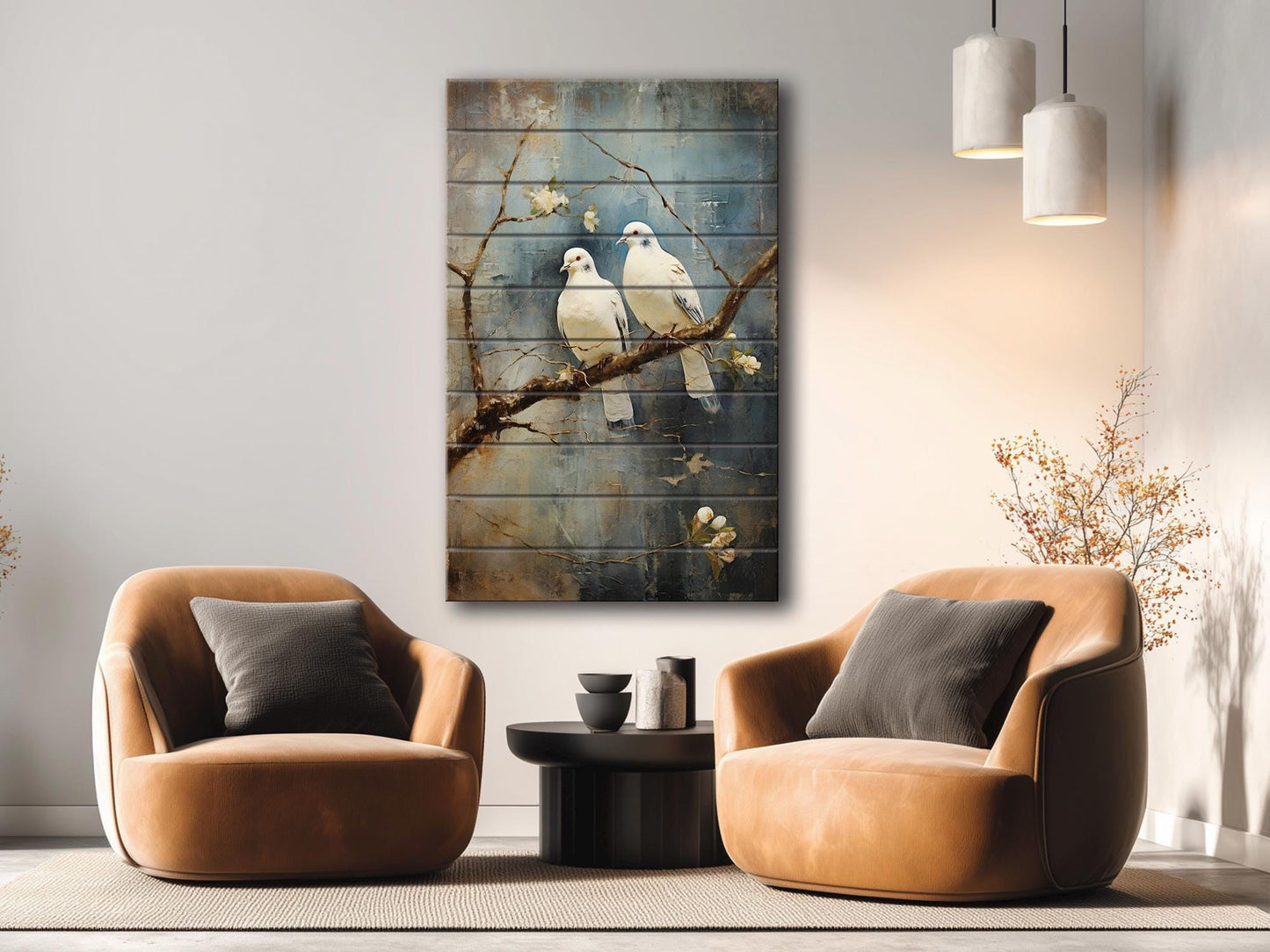 Romantic Wood Wall Art | Rustic Love Artwork Featuring Two White Pigeons on UV Printed Wood