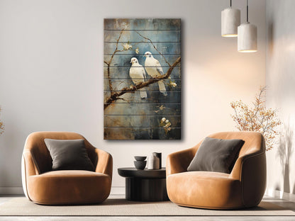 Romantic Wood Wall Art | Rustic Love Artwork Featuring Two White Pigeons on UV Printed Wood