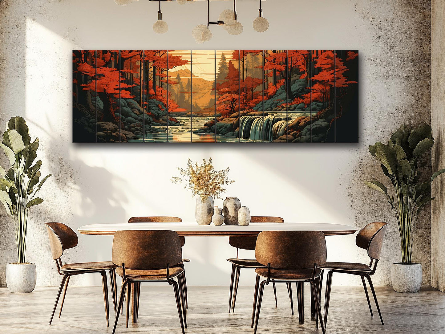 Rustic Autumn Wall Art - Wooden Waterfall Painting on Natural Wood Planks