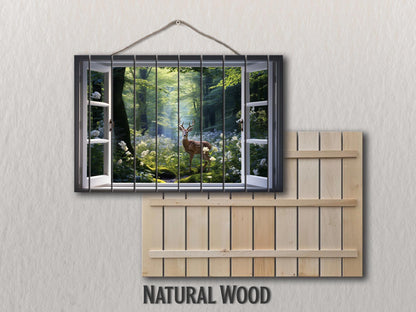 Wood Wall Art - Open Window Artwork Featuring Deer | Natural Wood Grain Decor