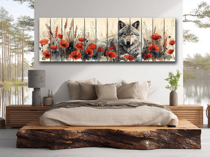 Wolf Wood Wall Art – Rustic Wood Print with Red Poppies and Wildlife Decor