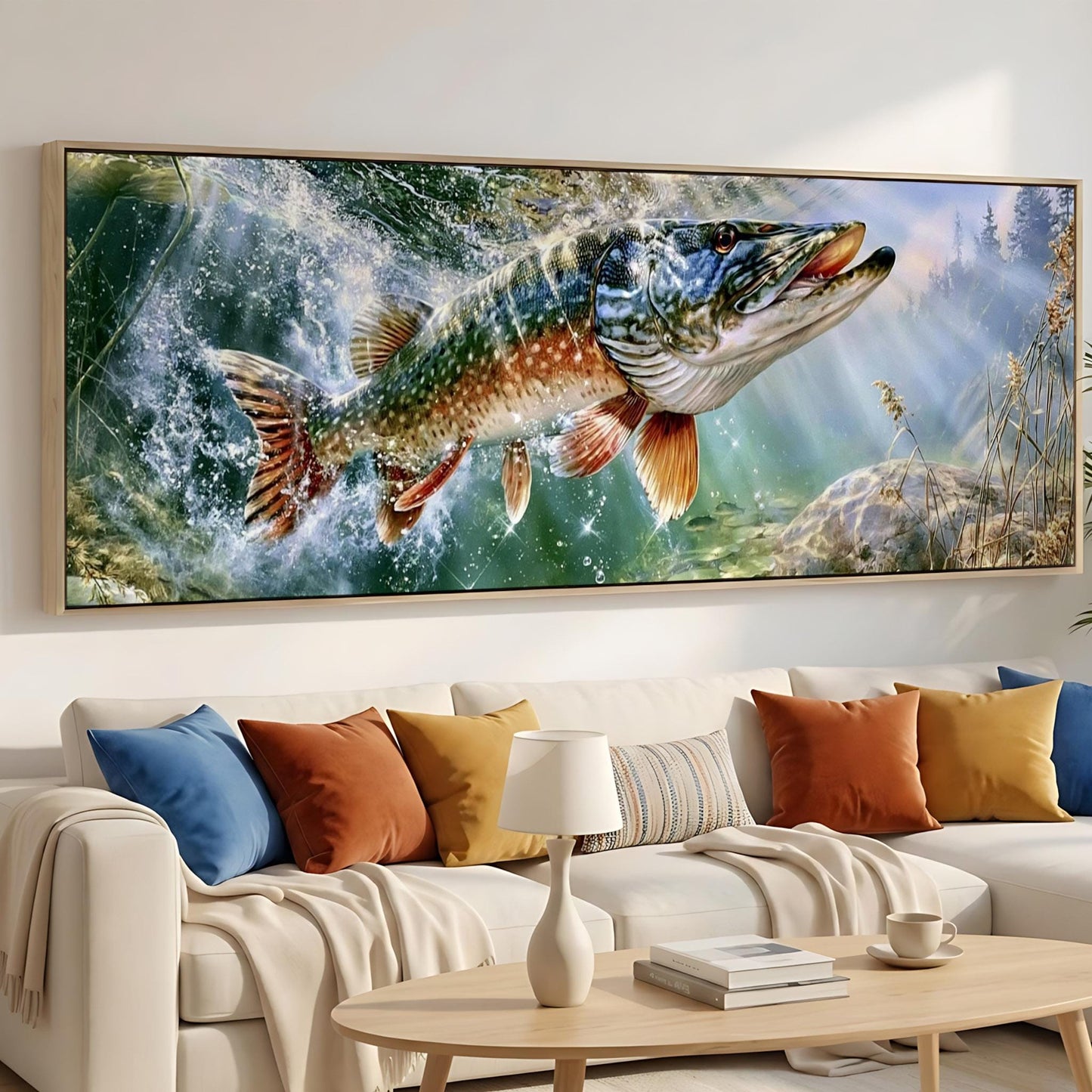 a large, colorful painting of a fish swimming in a body of water, hanging on a wall above a couch with colorful throw pillows.