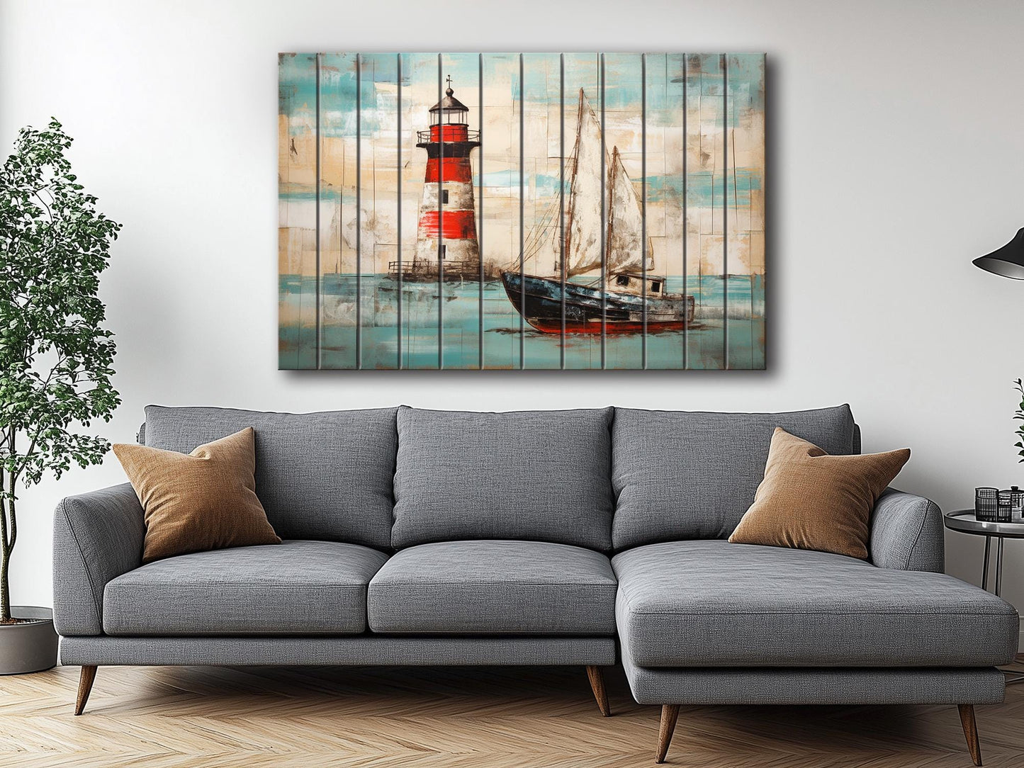 Nautical Wall Art – Coastal Wooden Wall Decor with Lighthouse Print & Sailboat Artwork
