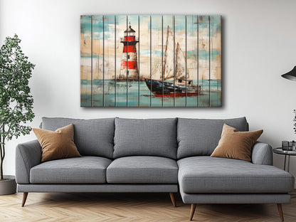 Nautical Wall Art – Coastal Wooden Wall Decor with Lighthouse Print & Sailboat Artwork