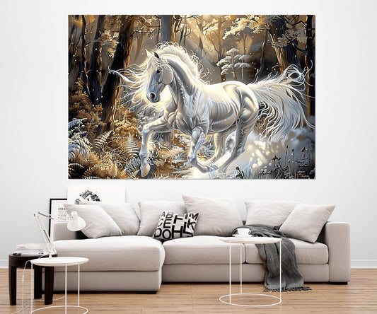 White Horse Canvas - Fantasy Horse Print in Golden Forest | Framed Canvas Art Ready to Hang