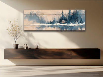 Wood Wall Art – Peaceful Snowy Landscape with Rustic Barn Print on Natural Wood