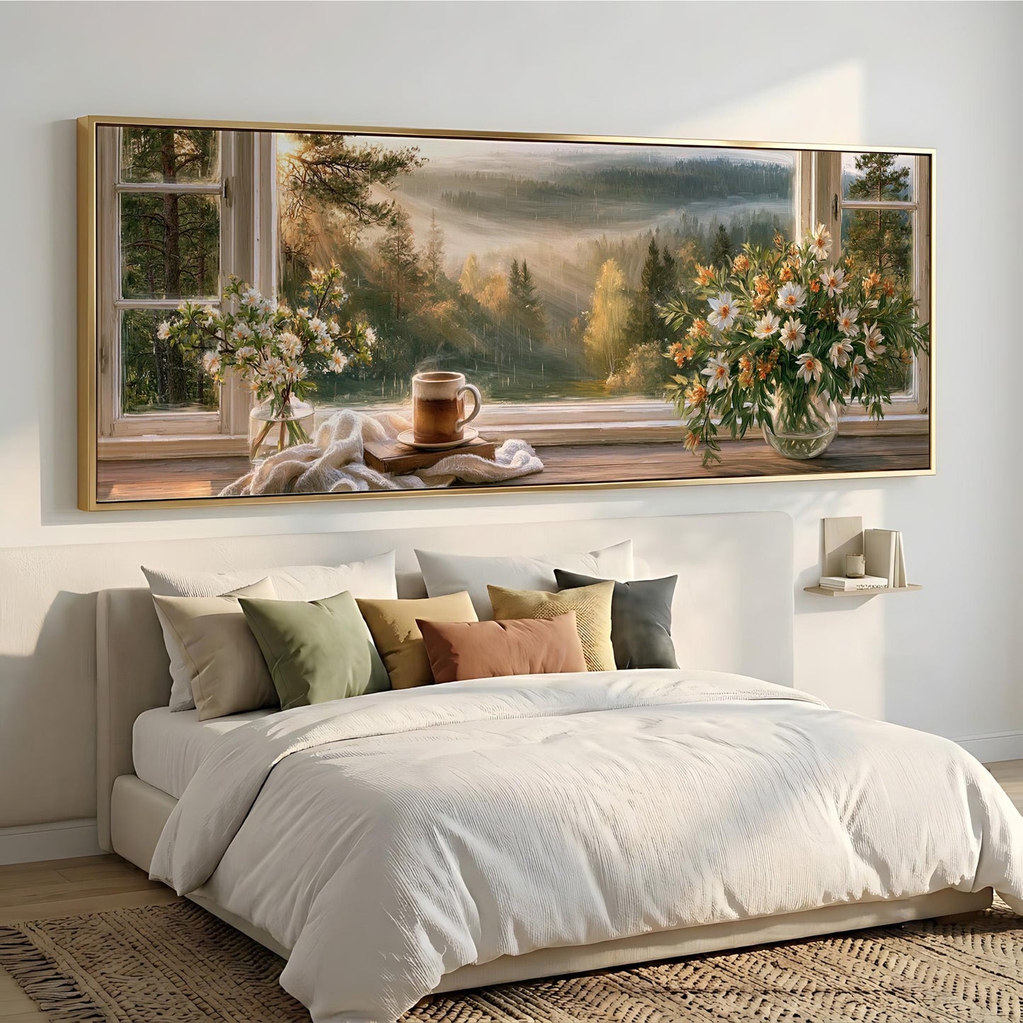 a serene bedroom scene with a large window overlooking a picturesque landscape. The window is adorned with two vases of flowers, one on each side, and a cup of coffee rests on the windowsill. The bed is covered in a white comforter and is surrounded by an array of colorful pillows. The overall atmosphere of the room is calm and inviting, with the natural light streaming in through the window creating a peaceful and tranquil ambiance.