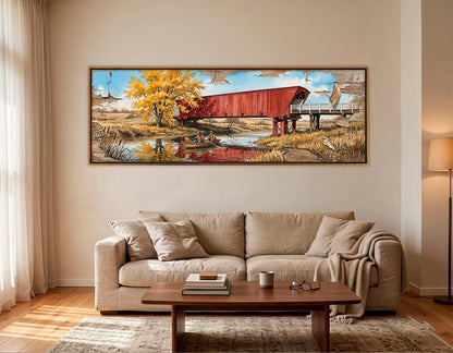Roseman Bridge Canvas Print, Panoramic Covered Bridge Painting, Large River Wall Art, Framed and Ready to Hang