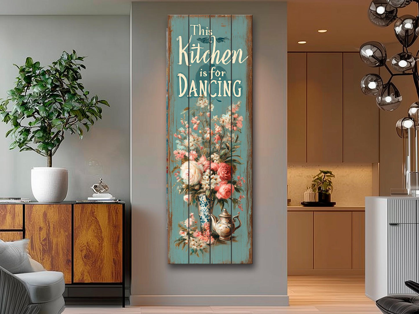 Rustic Wood Wall Art – Kitchen Dancing Sign on Natural Wood with Vintage Charm