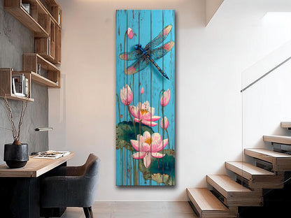 Rustic Wood Wall Art – Dragonfly Wall Print with Water Lily Artwork | Farmhouse Pond Decor