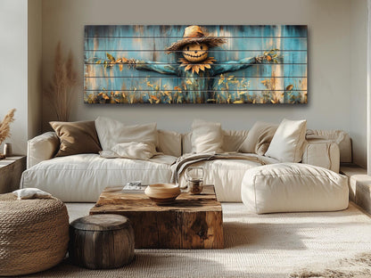 Rustic Scarecrow Art – Farmhouse Wall Decor | Natural Wood Print On Wood