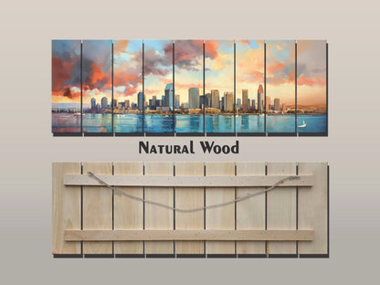 San Diego Wood Art – Rustic Wooden City Skyline Wall Decor | Abstract Wood Painting