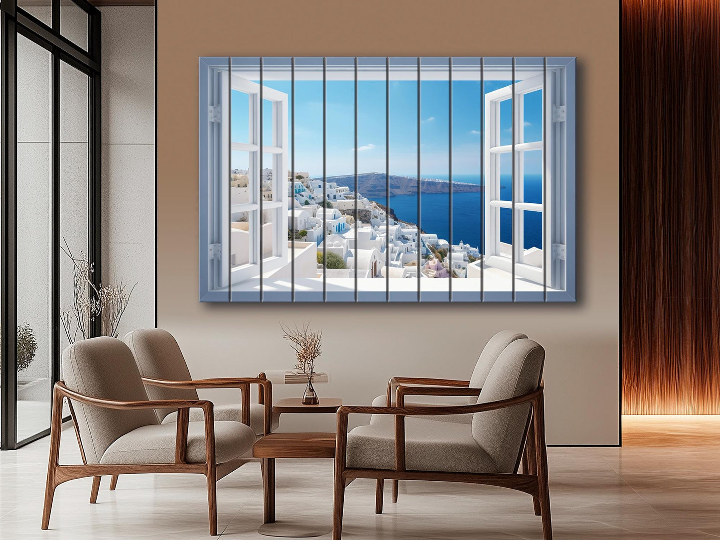 Santorini Wood Art - Natural Wood Print | Open Window Wall Decor on Planks