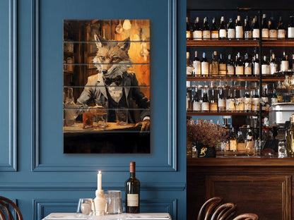 Fox Bartender Print on Natural Wood – Bar  Wall Art