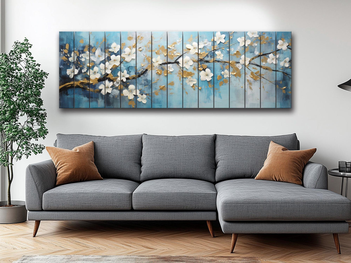 Abstract White Flowers Blossom Print On Natural Wood