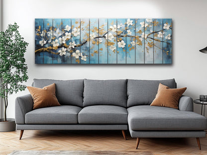 Abstract White Flowers Blossom Print On Natural Wood