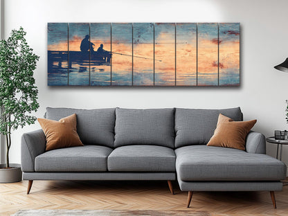 Father Child Fishing Art - Rustic Wooden Wall Art With Lake Dock Scene