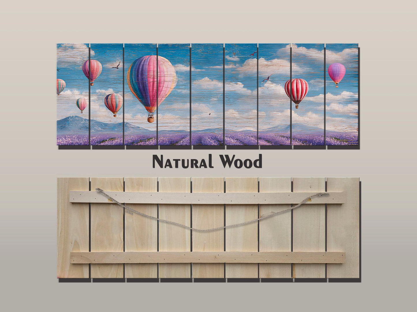 Romantic Hot Air Balloons Over Lavender Fields Print on Natural Wood, Soft Tone Painting, Soft Tones Balloons Wall Art, Wood Wall Art