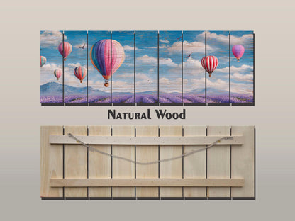 Romantic Hot Air Balloons Over Lavender Fields Print on Natural Wood, Soft Tone Painting, Soft Tones Balloons Wall Art, Wood Wall Art