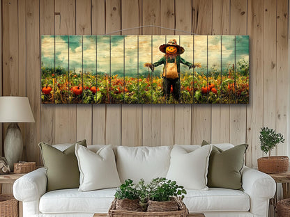 Rustic Farmhouse Wall Decor - Pumpkin Patch Print Wood Wall Art with Scarecrow