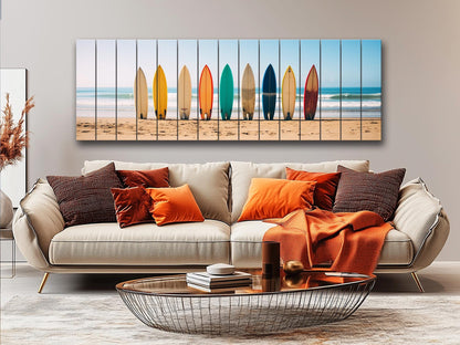 A Row Of Surfboards Print On Natural Wood