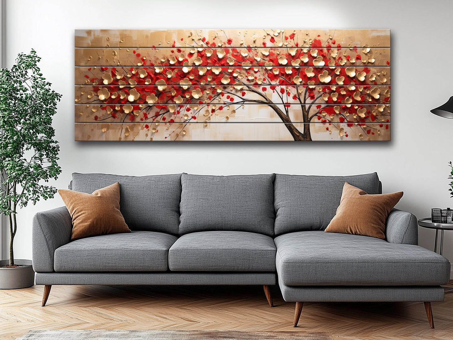 Red Gold Wood Print – Abstract Tree Wall Art On Natural Wood Panels