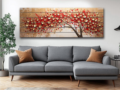 Red Gold Wood Print – Abstract Tree Wall Art On Natural Wood Panels