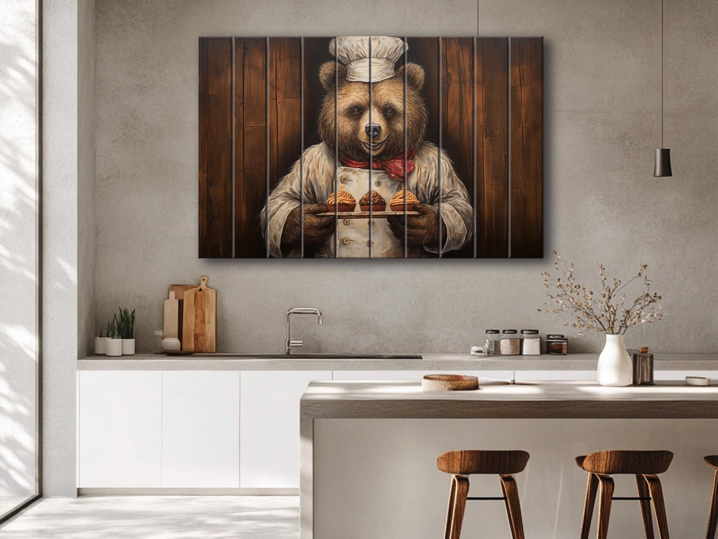 Rustic Bakery Wall Decor – Grizzly Bear Artwork Printed on Natural Wood Panels