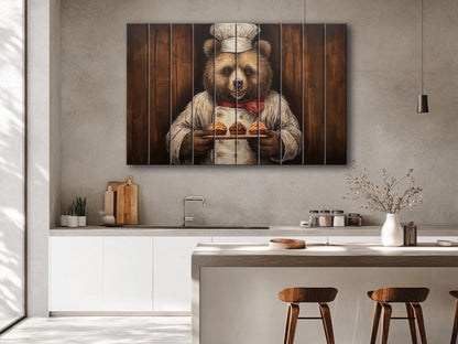 Rustic Bakery Wall Decor – Grizzly Bear Artwork Printed on Natural Wood Panels