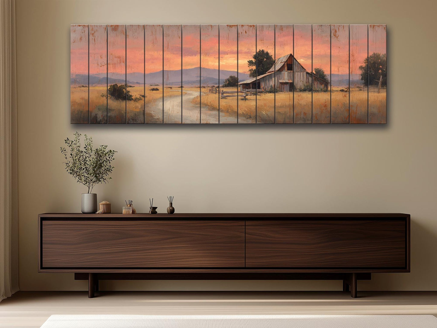 Rustic Barn Wall Art – Handcrafted Wood Print of Peaceful Country Barn at Sunset