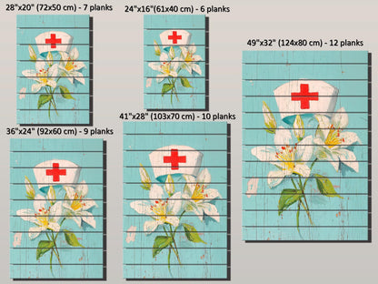 Rustic Wood Wall Art – Nurse Cap Wall Decor with Lilies – Farmhouse Medical Art Printed on Wood
