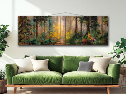 Mystical Forest Path Bathed in Golden Morning Light Print on Wood, Rustic Forest Painting, Cozy Cabin Wall Decor, Wood Wall Art