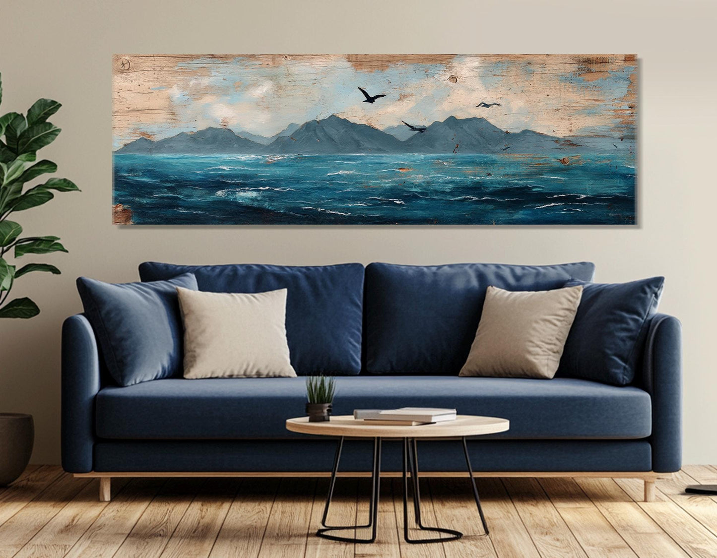Ocean Canvas Print – Dramatic Mountain Seagull Painting | Framed Canvas Wall Decor