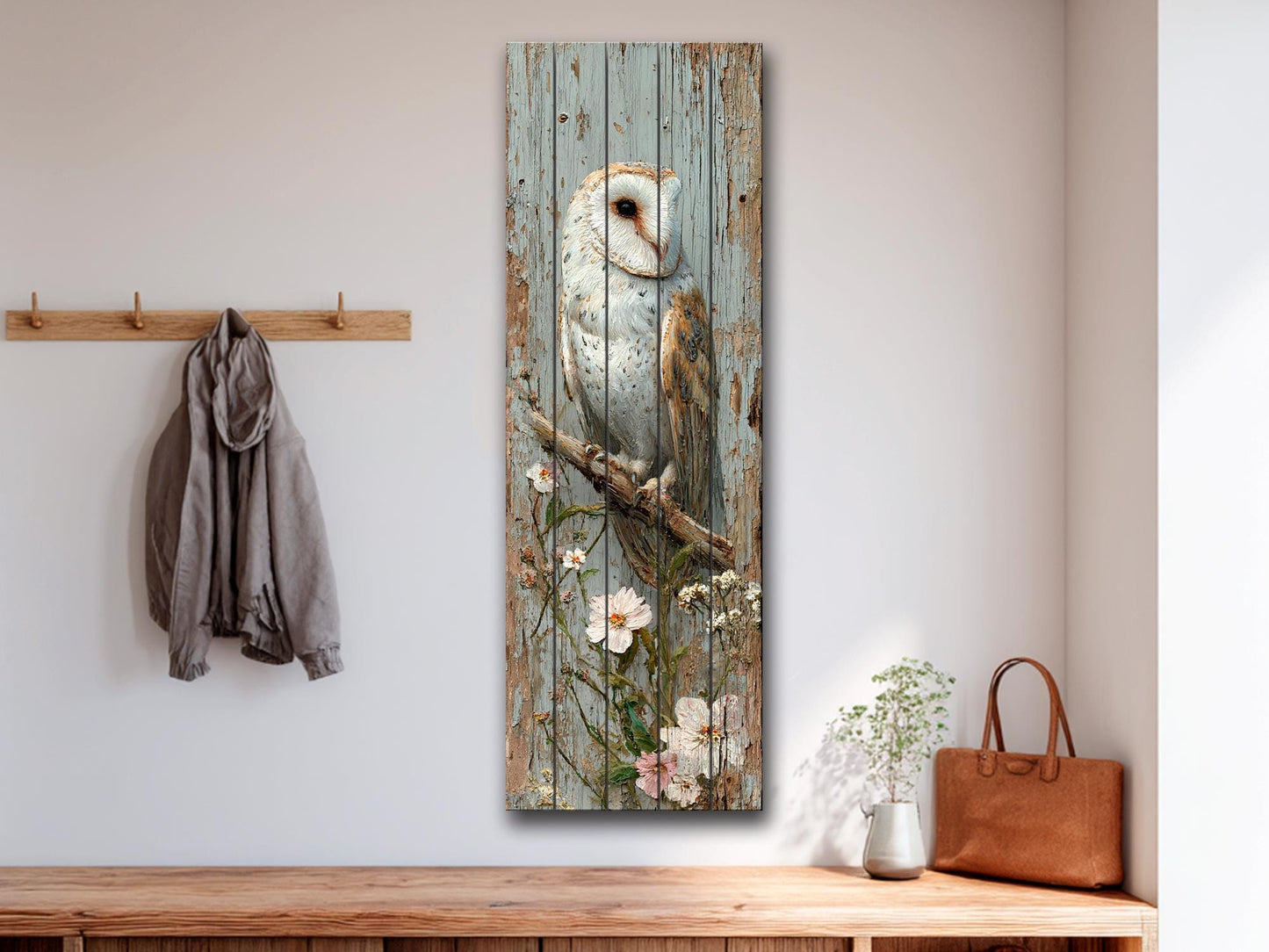 Rustic Wood Wall Art – Barn Owl and Wildflowers on Wood Planks – Farmhouse Nature Decor