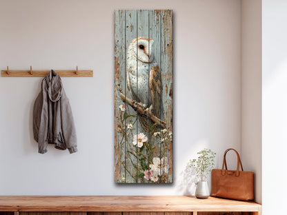 Rustic Wood Wall Art – Barn Owl and Wildflowers on Wood Planks – Farmhouse Nature Decor