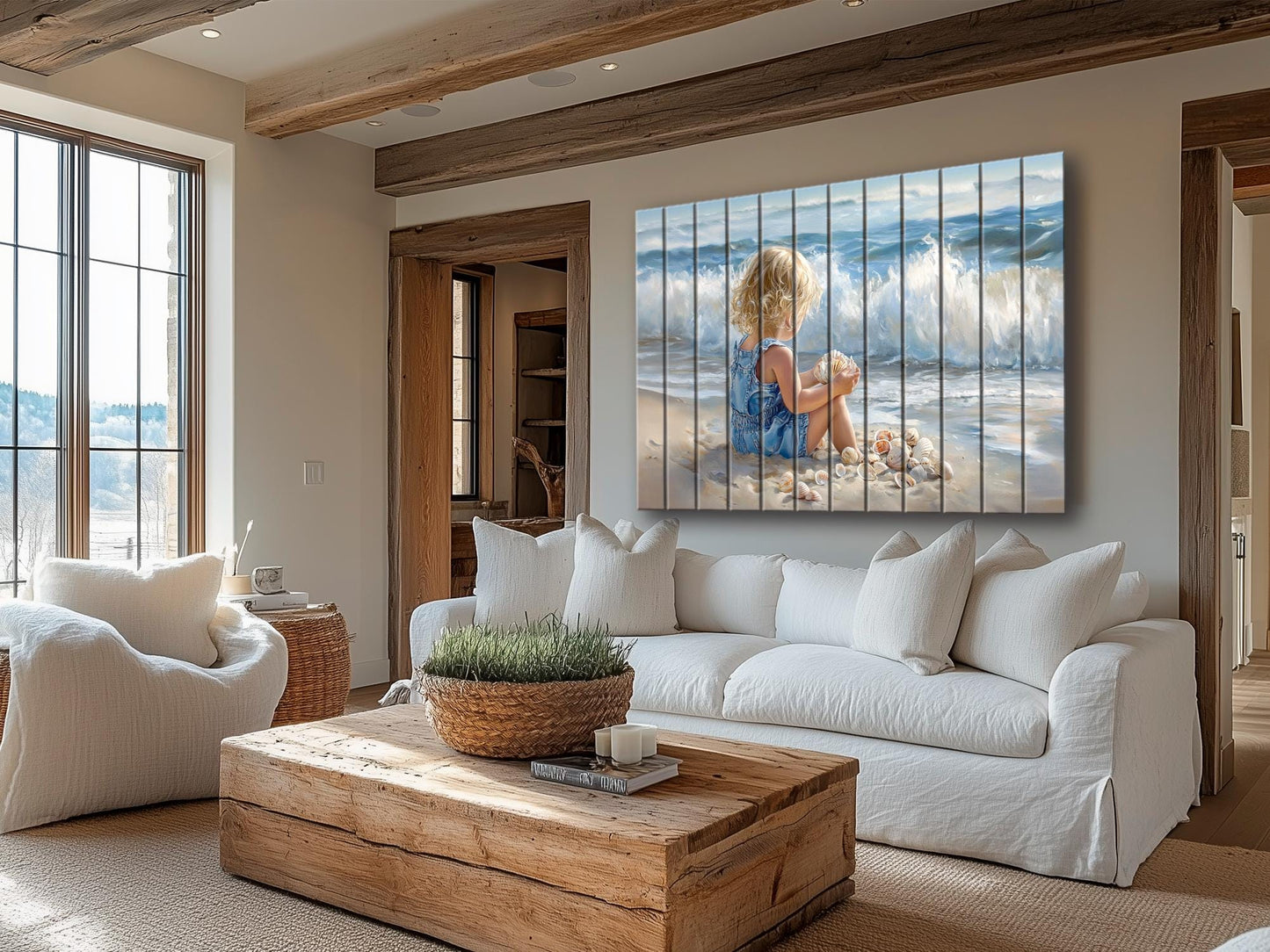 Wood Wall Art – Abstract Beach Wall Decor With Kid Playing on Wood Print