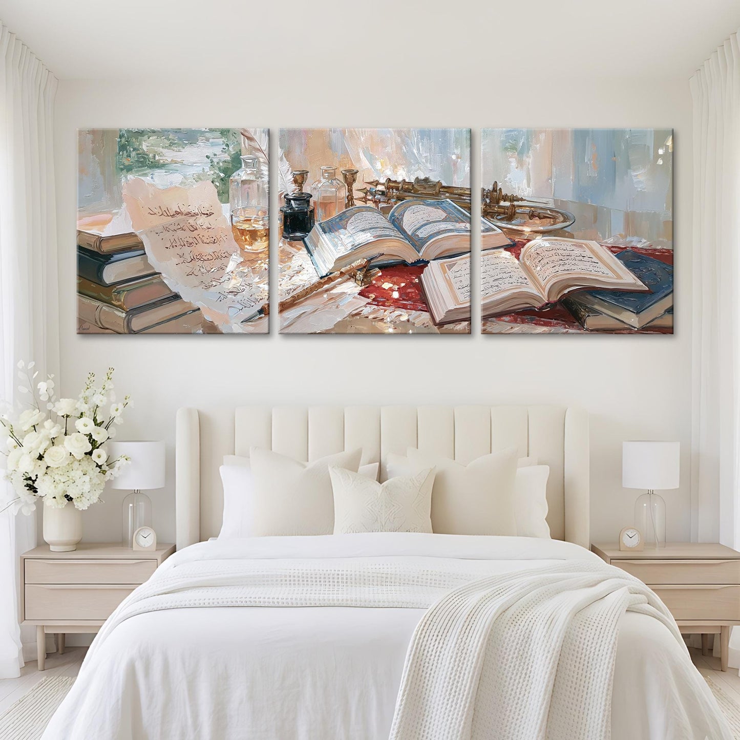 A large, three-panel painting depicting a serene bedroom scene with a bed, nightstands, and various decorative elements such as books, vases, and a bouquet of white flowers.
