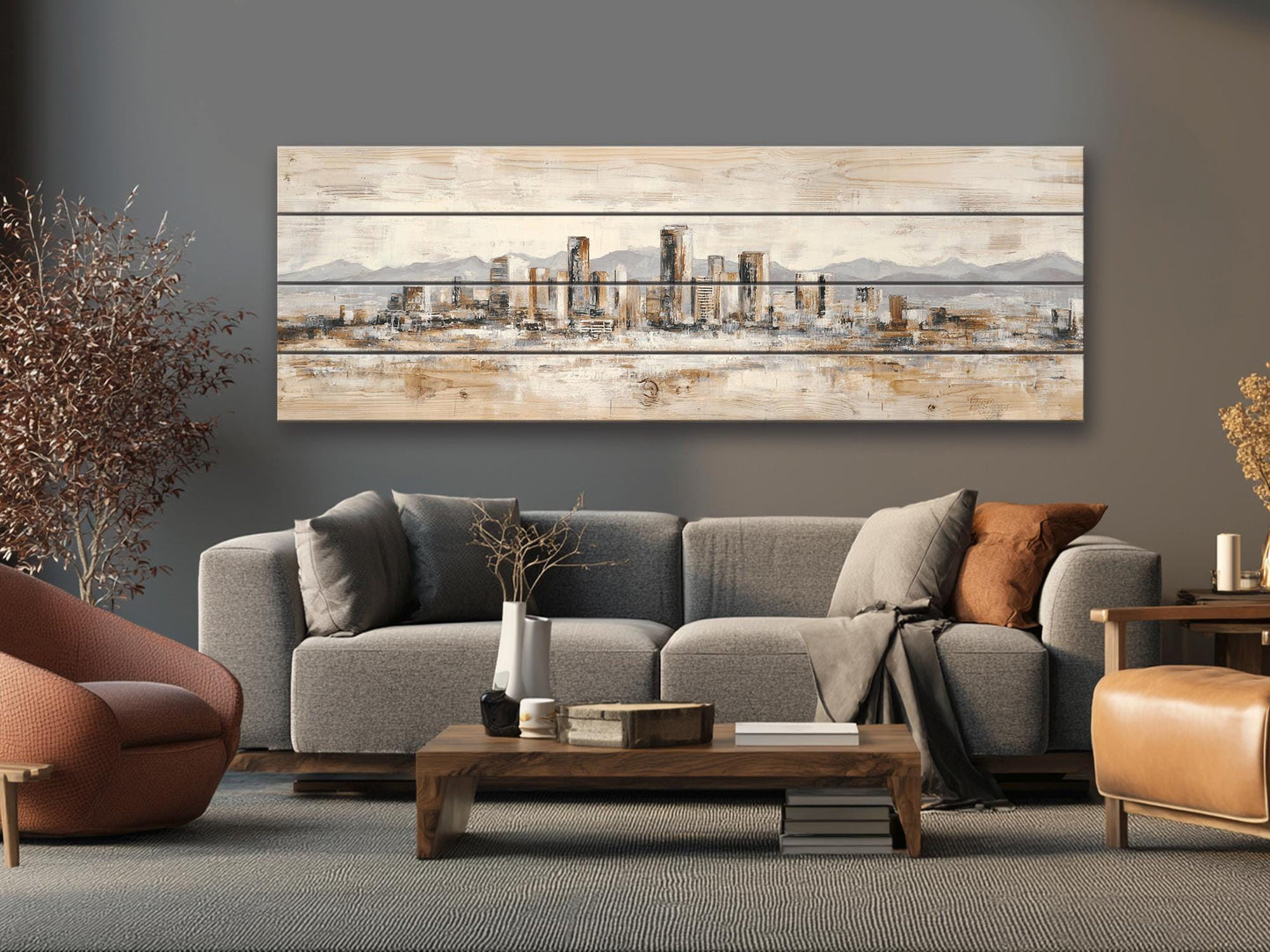 Phoenix Skyline Wood Print – Rustic Wall Art | Minimalist City Painting on Distressed Wood