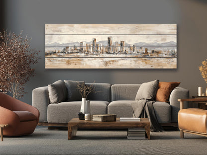 Phoenix Skyline Wood Print – Rustic Wall Art | Minimalist City Painting on Distressed Wood