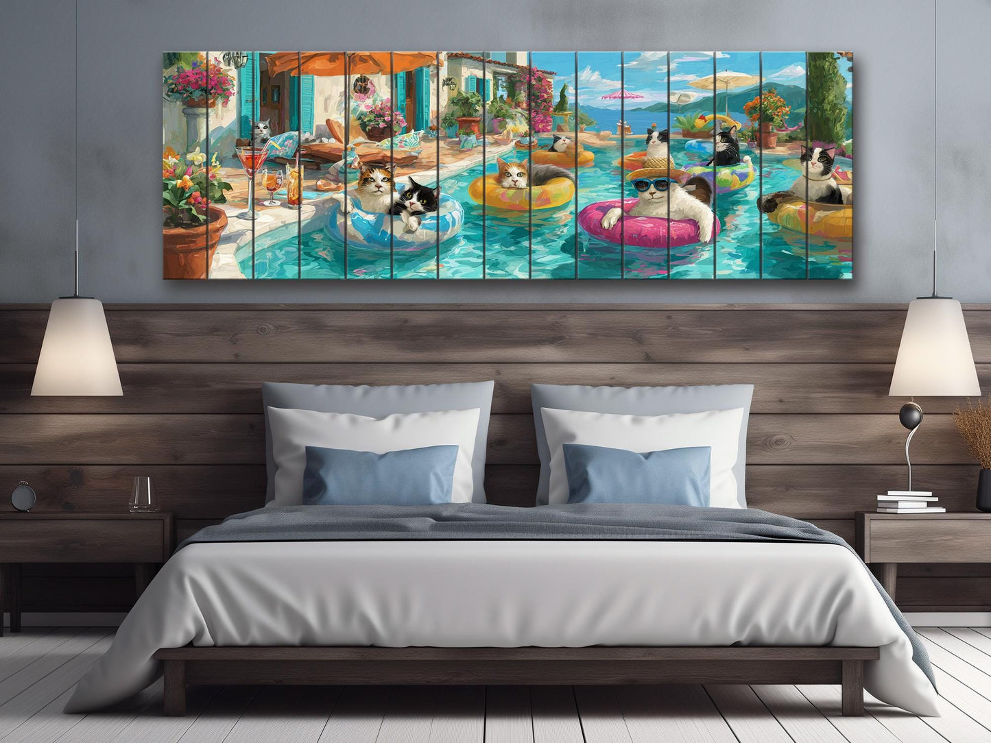 Funny Cat Wall Art – Playful Cat Pool Party Print on Rustic Wood Decor