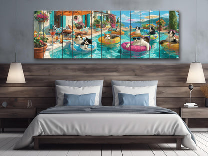 Funny Cat Wall Art – Playful Cat Pool Party Print on Rustic Wood Decor