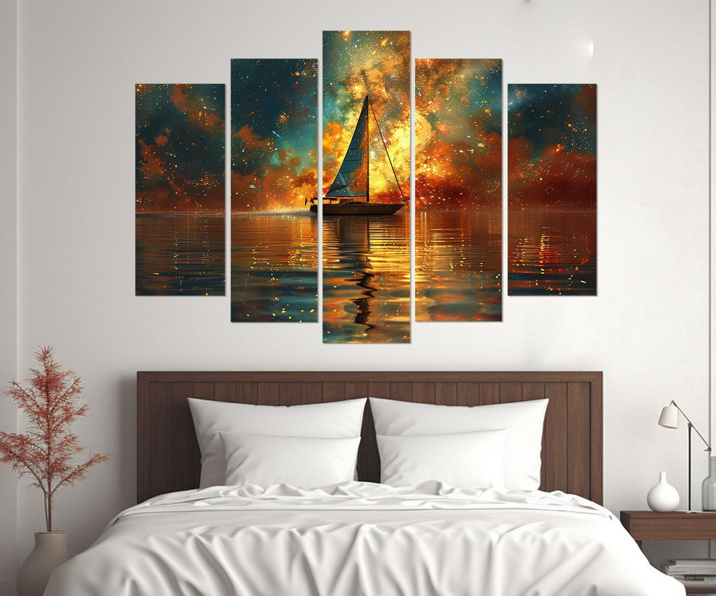 Milky Way Canvas Print – Abstract Galaxy Painting On Cotton Canvas With Sailboat Art