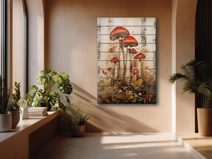 Rustic Wood Wall Art – Mushroom Garden Print on Natural Wood Planks