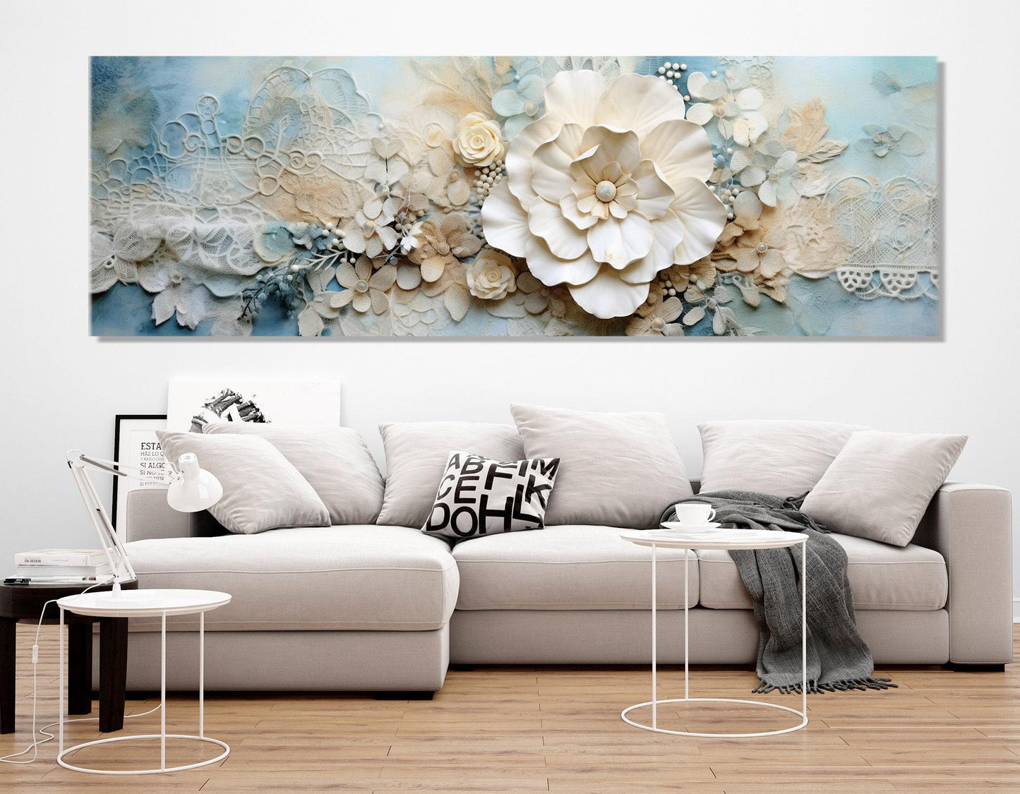 Floral Canvas Print – Soft Tones Blue Damask Embroidered Doily Art, Framed & Ready to Hang