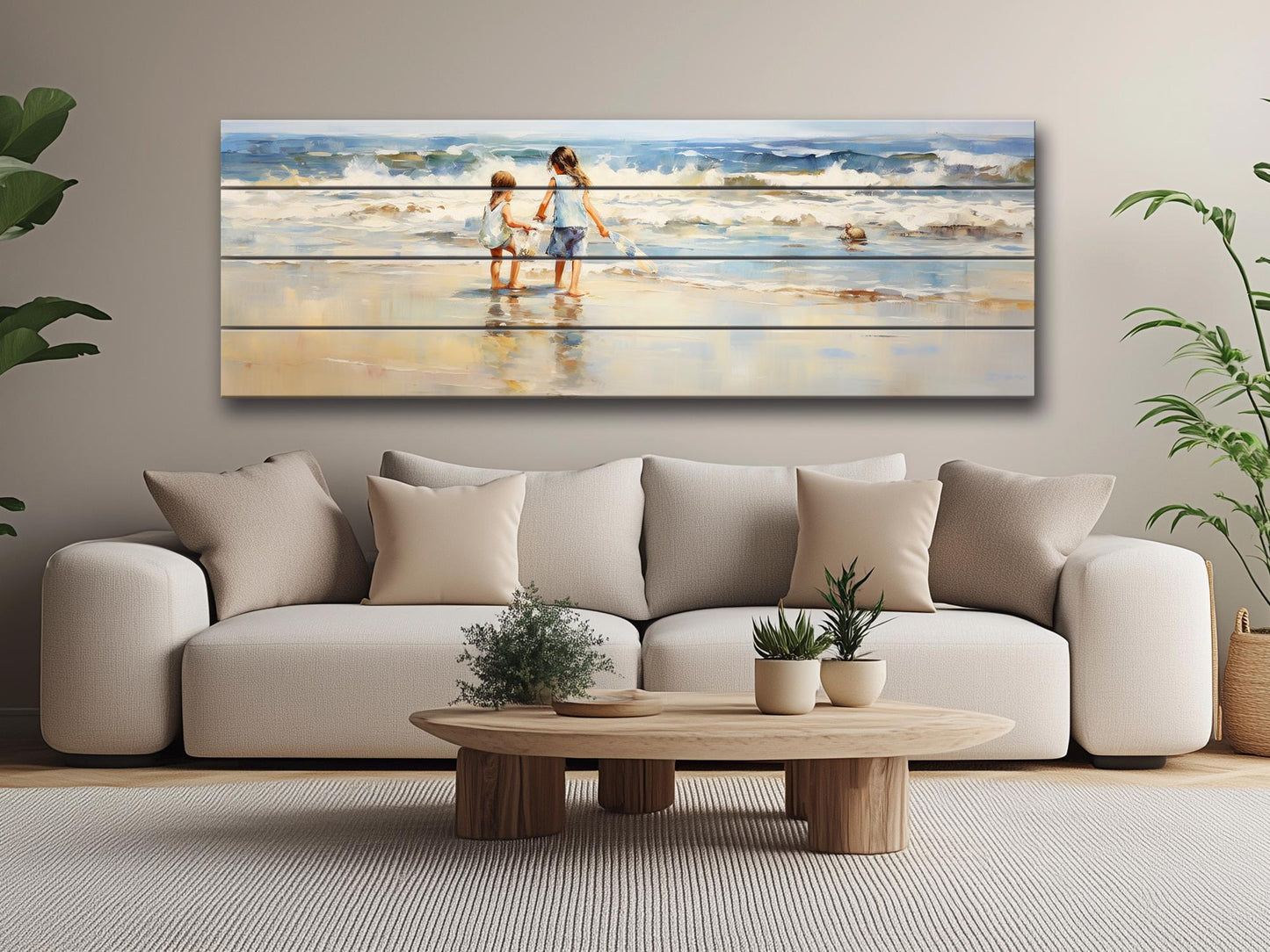 Rustic Wood Wall Art | Wooden Beach Painting with Warm Wood Texture for Kids Room
