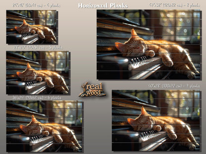 Wooden Wall Art – Orange Cat Sleeping On Piano | Natural Wood Print Decor