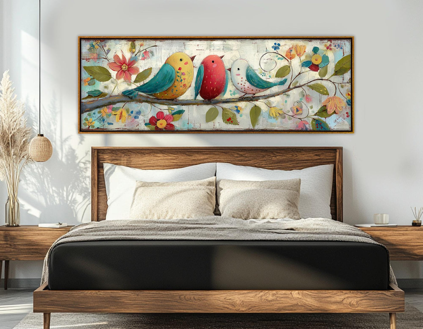 Folk Art Canvas Print – Birds on Floral Branch | Rustic Wall Decor, Ready to Hang