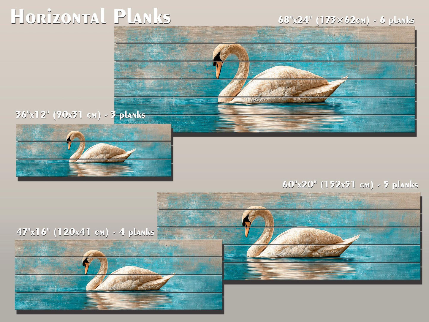 Swan Print Wood - Elegant Wildlife Wall Art | Rustic Farmhouse Beige Blue Painting