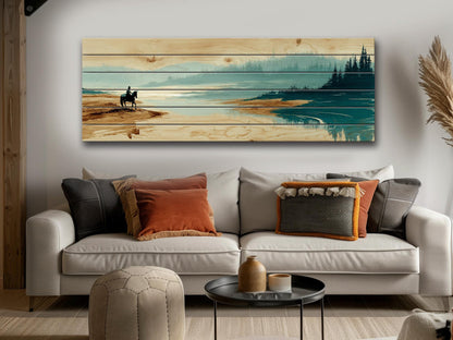Horse River Wall Art – Rustic Cabin Wood Plank Artwork With Calm Water Landscape