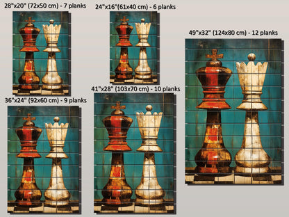King Queen Chess Art - Rustic Wooden Chess Print On Natural Wood, Ready To Hang